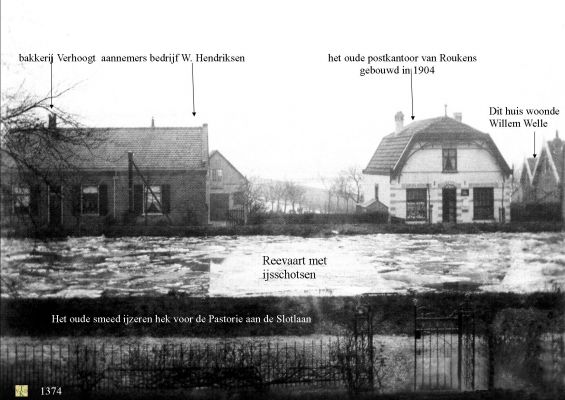 1374 Rechts postkantoor en Links Hendrikse. 
Links woonde aannemer W. Hendrikse en daarnaast bakker Tinholt.
