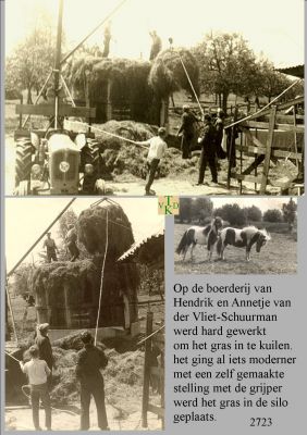 2723
2723 Op de boerderij van Hendrik en Annetje van der Vliet-Schuurman werd hard gewerkt om gras in te ruilen. Het ging al iets moderner met een zelfgemaakte stelling. Met grijper werd het gras in de silo geplaatst.  
