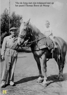 Met de trekpaard in de hand
Y. de Jong werkte bij de van Houten fabriek in Weesp.
Staat hier met Thomas Borst op het paard aan de leidsel.
