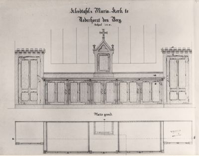 Ontwerp-kleedtafel
R.K.Kerk Maria ten Hemelopneming.
Ontwerp kleedtafel.
Schaal 1 op 10.
Deze kleedtafel staat in de sacristie
