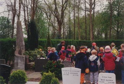 Herdenking-oorlogsslachtoffers
R.K. Kerkhof.
Herdenking oorlogsslachtoffers mei 1995, t.g.v 50 jaar Bevrijding.
Leerlingen Jozefschool leggen bloemen bij het graf van Albert Van Benschop
