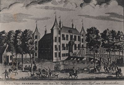 Kasteel-in-1720
Het huis Nederhorst gezien vanaf de zuidoost zijde uit ongeveer 1720.
Het huis was toen in bezit van de familie Van Tuyll van Serooskerken.
