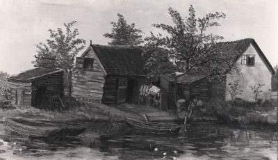 Boerderij J Hoetmer
Boerderij van J. Hoetmer en later van zoon Dirk. Daarna fam. Huisman.
Achterzijde gezien vanuit de Spiegelpolder.
Geschilderd door J. Hemmers, 1947
Trefwoorden: NdB